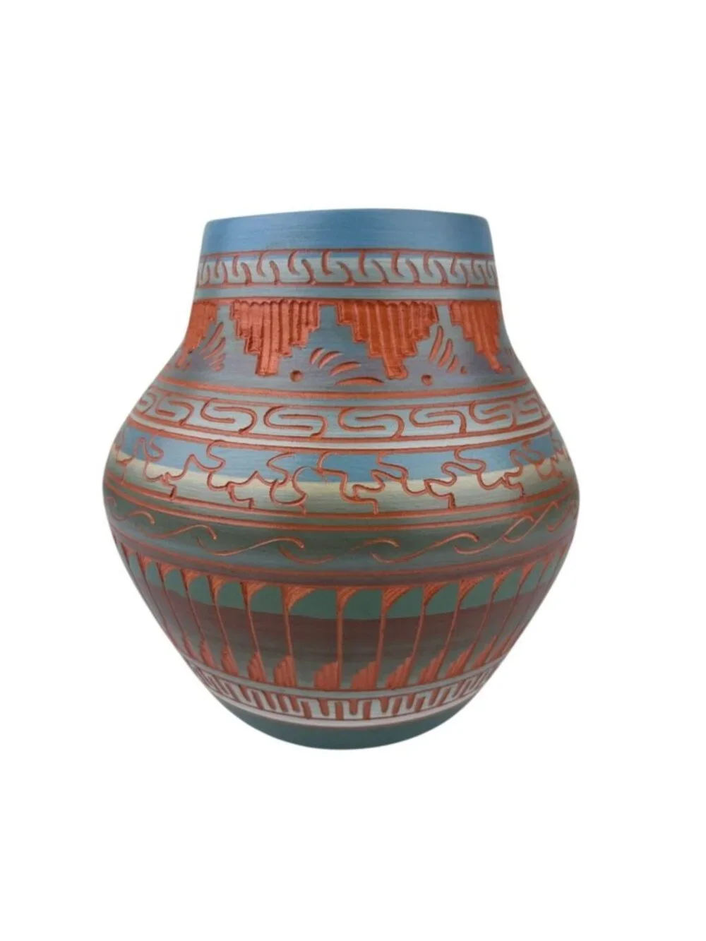 Navajo Pottery Vase Terracotta Red Clay Etched Blue Orange Teal 6